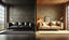 Side-by-side comparison: a black leather sofa in an industrial setting and a beige fabric sofa in a cozy living room.