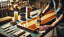 Person varnishing wooden surface in a workshop with tools and varnish cans in the background.