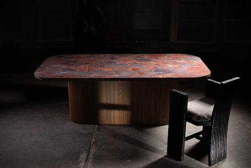 Lovely, Lovely, Red Granite Dining Table with Fluted Oak Base