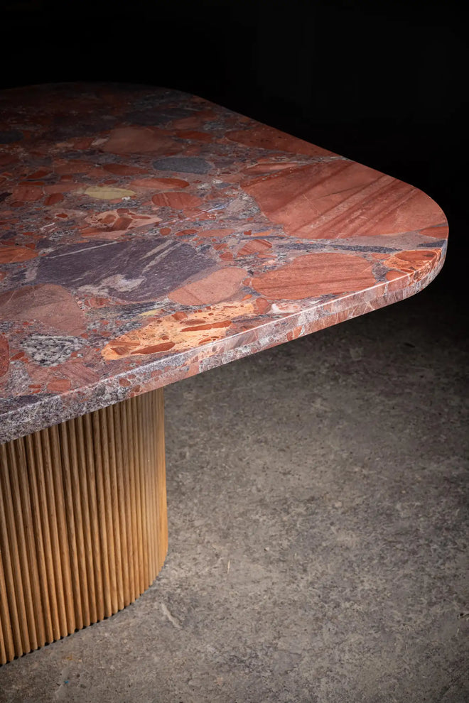 Lovely, Lovely, Red Granite Dining Table with Fluted Oak Base