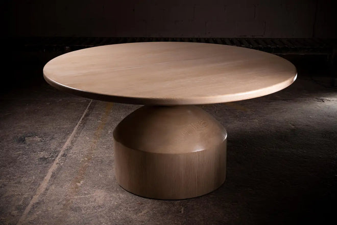 Cosmic White Oak Round Dining Table, Geometrical Pedestal