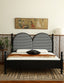 Black and white gingham headboard with double arches and dark wooden frame