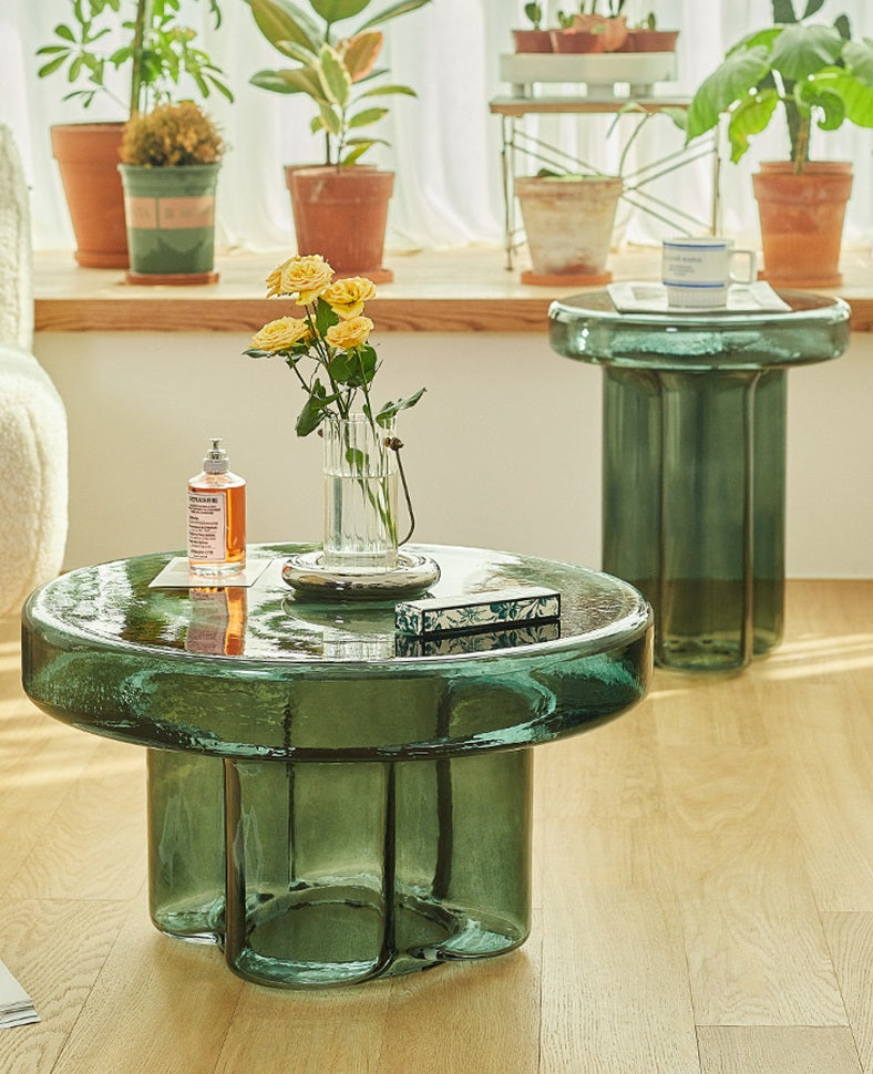 Green glass shop side table