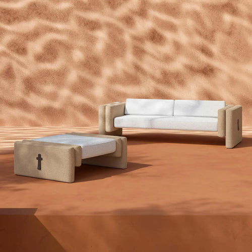 Contemporary Indoor Outdoor Sofa in Beige, Khaki & White Outdoor Fabric