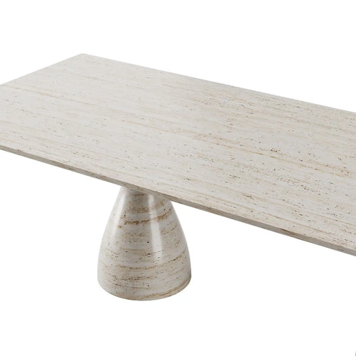 Minimal Scandinavian Modern White Dining Table in Travertine Marble Curved Legs
