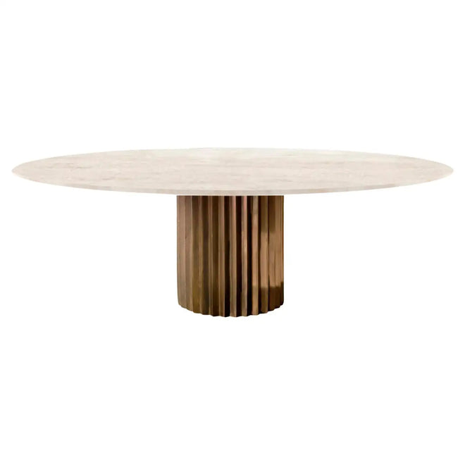 Doris Oval Pedestal Dining Table in Travertine and Cast Bronze