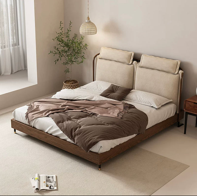 solid wood bed bedroom small apartment Japanese simple modern fabric bed 1.5m economy double bed master bedroom wedding bed
