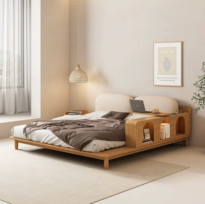 solid wood bed 1.8m bedroom modern simple Japanese cream style functional tatami double bed log wedding bed