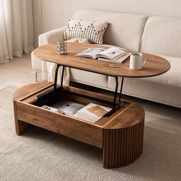 Nordic all-solid wood tea table can lift small apartment modern simple household living room storage tea table multi-functional tea table