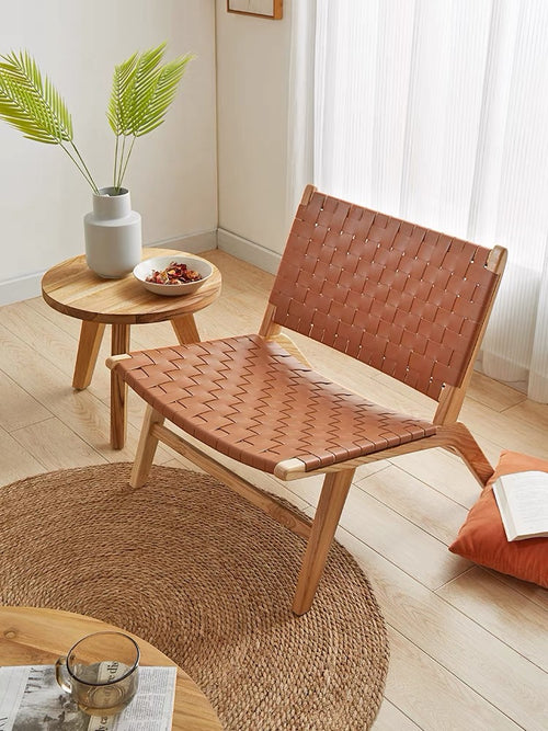 Sofa white saddle leather solid wood ins woven chair casual Nordic single design log Japanese reading chair