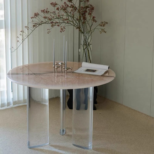 Natural pink jade marble round dining table light luxury marble dining table Italian minimalist marble art dining table customisation