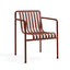 Maroon powder-coated iron dining armchair.